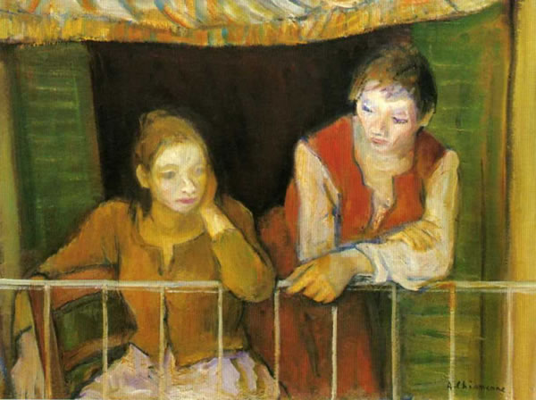 Donne al balcone, anni 60, olio su tela, cm 60x80, Napoli, collezione privata